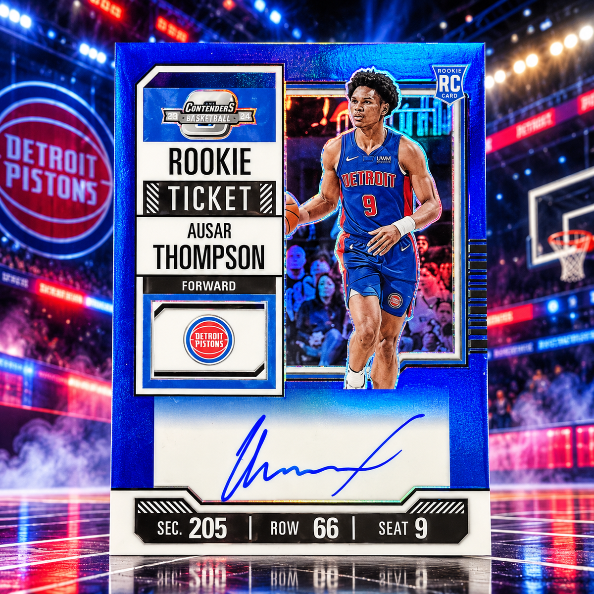 2023 contenders Optic AUSAR THOMPSON Rookie Ticket Blue /49 On Card Auto Pistons (C)