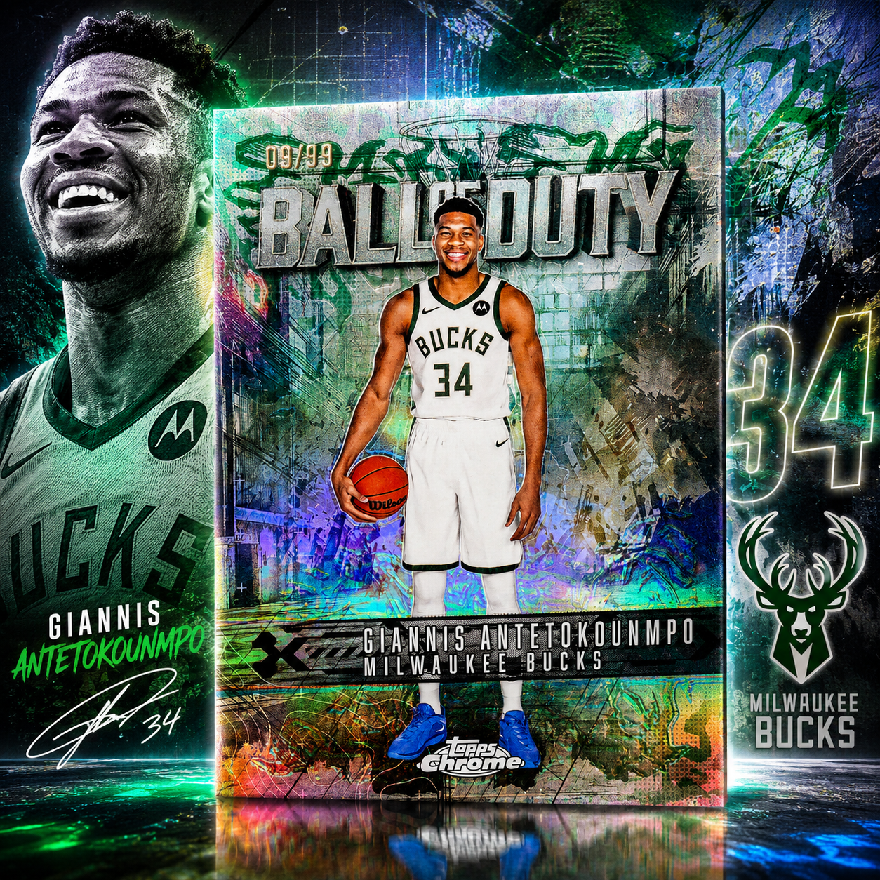 2025 Topps Chrome GIANNIS ANTETOKOUNMPO Ball of Duty Green 9/99 Colour Match