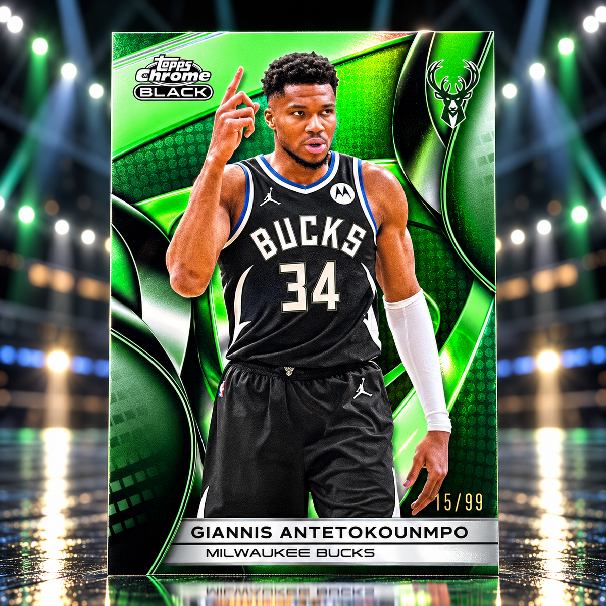 2025 Topps Chrome Black GIANNIS ANTETOKOUNMPO Green Refractor 15/99 Bucks