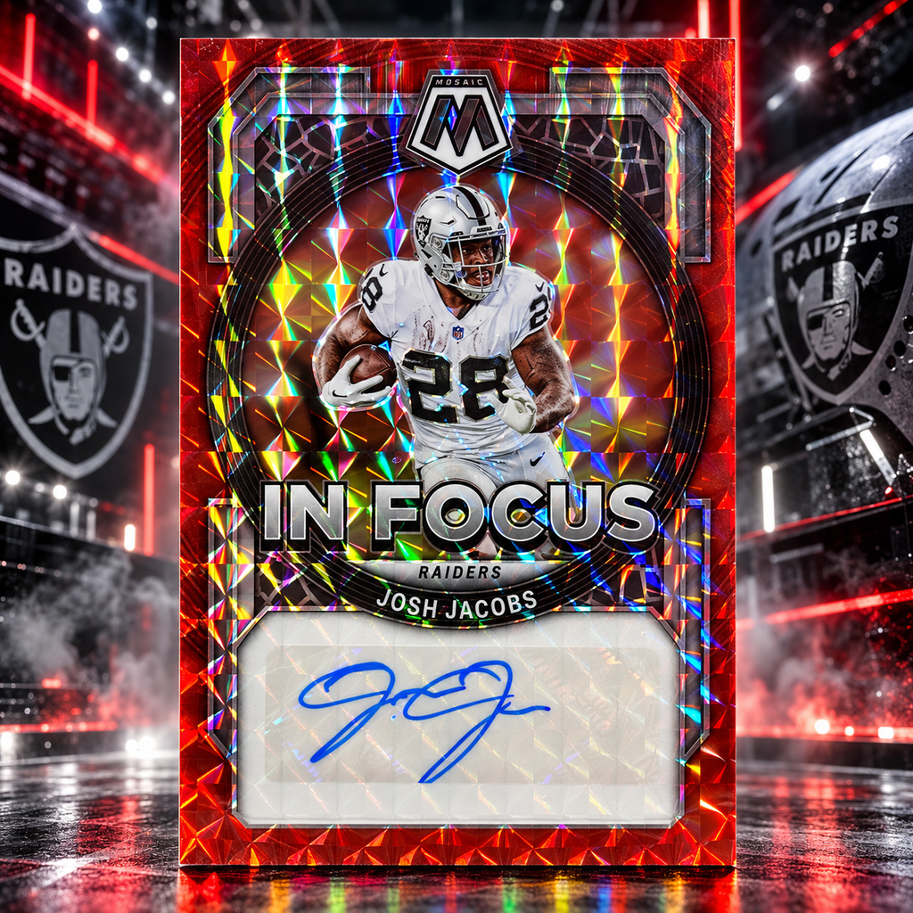 2023 Mosaic JOSH JACOBS In Focus Auto Red Mosaic /99 Raiders